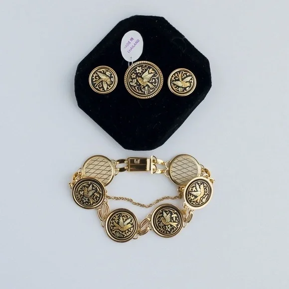 Vintage Damascene Medallion Jewelry Set IA Midas Toledo Spain Gold Tone & Enamel - Picture 1 of 15